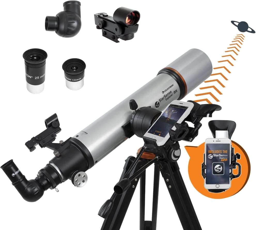 A telescope set with eyepieces, a smartphone mount, and an app. An arrow indicates telescope connectivity with the app, showing a planet symbol.