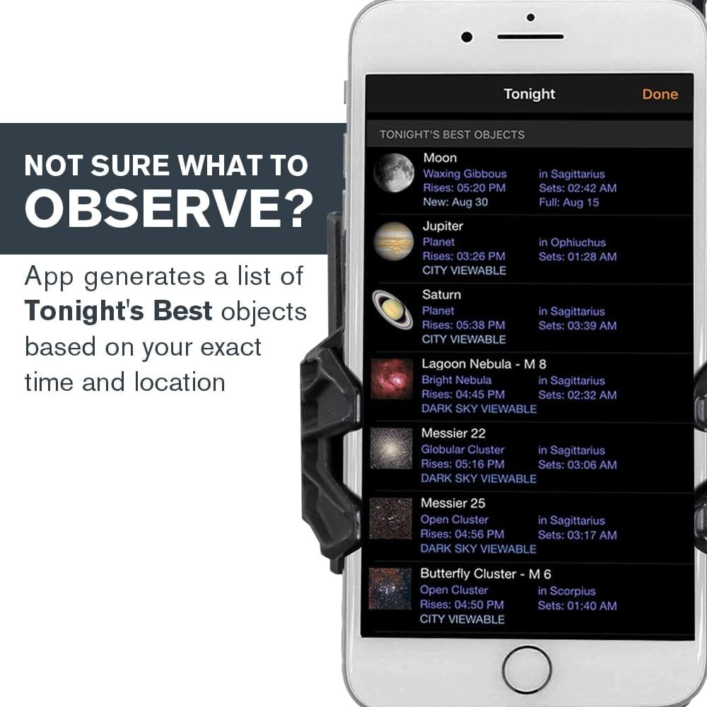 Smartphone displaying an astronomy app listing celestial objects like the Moon, Jupiter, and Saturn observable tonight. A text bubble reads "NOT SURE WHAT TO OBSERVE?.