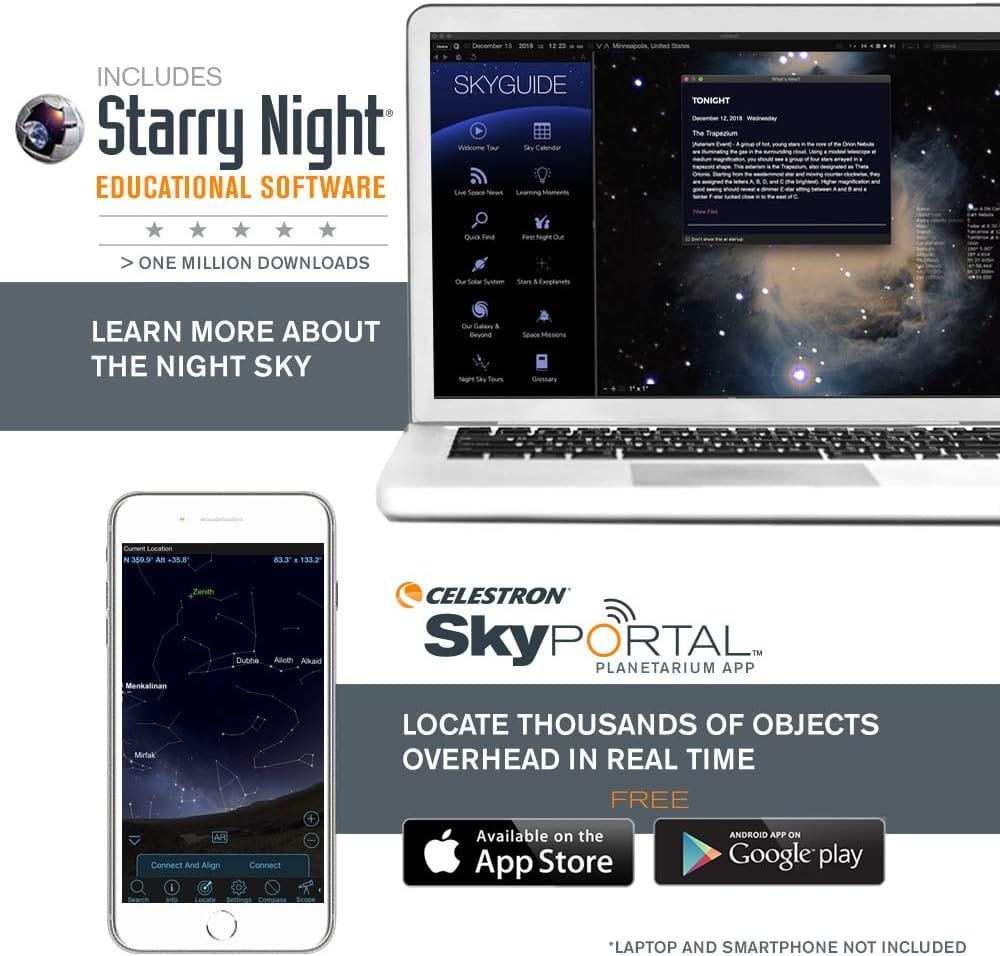 Laptop and smartphone displaying sky observation apps with options for downloading Starry Night educational software and Celestron SkyPortal app. Apps help locate celestial objects in real-time.