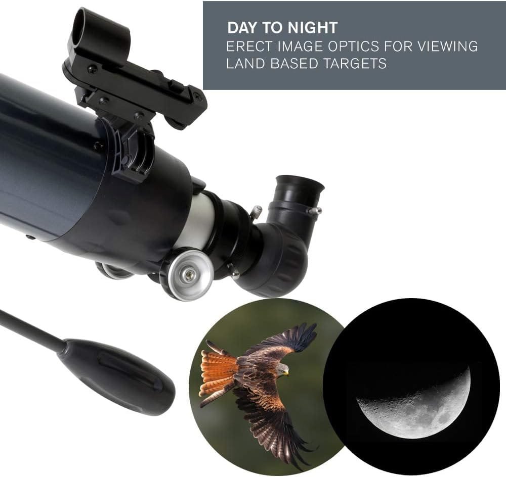 Close-up of a telescope with images of a bird in flight and a crescent moon, labeled "Day to Night: Erect Image Optics for Viewing Land Based Targets.