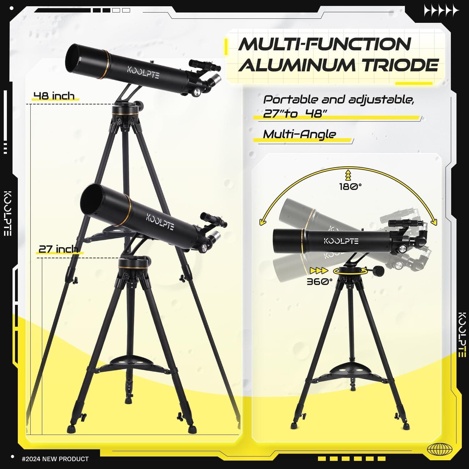 A black telescope on a height-adjustable tripod with measurements of 27 to 48 inches and a 180-degree rotation feature. Text highlights its portability and multi-functionality.