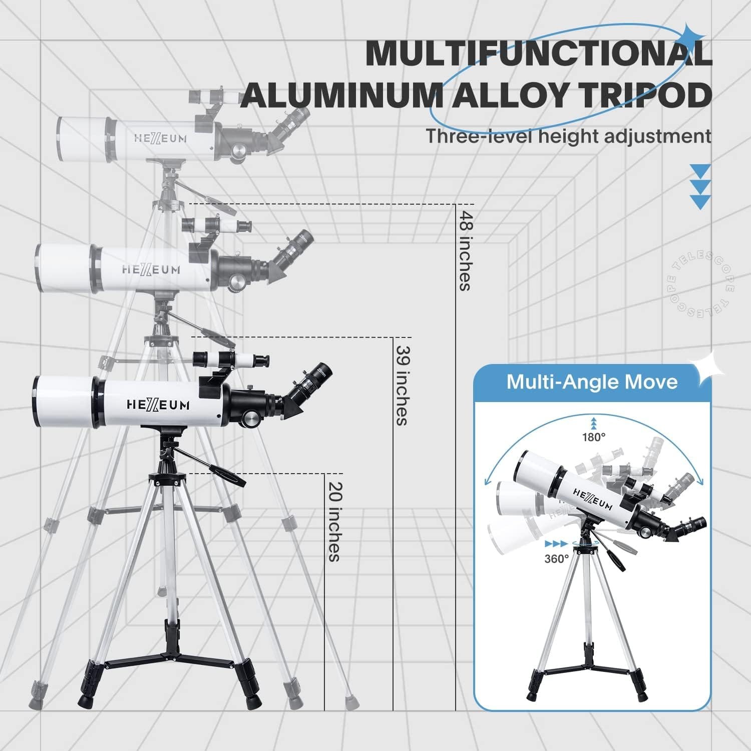 Diagram illustrating an adjustable aluminum alloy tripod with a multifunctional telescope, showing three height levels and multi-angle movement options.