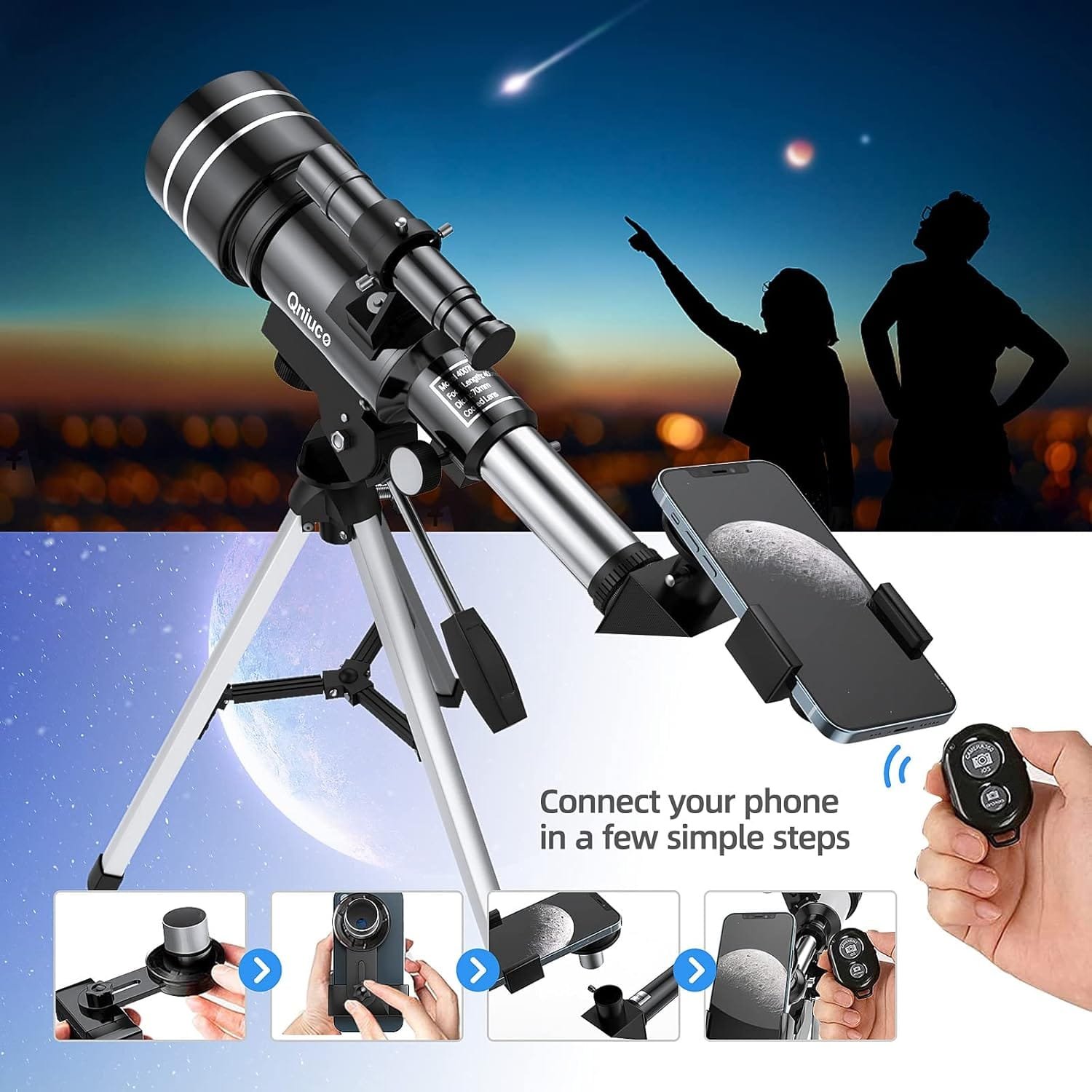 A telescope setup with a smartphone mount and remote, displayed against a night sky with silhouettes pointing at stars. Step-by-step images show how to connect a phone to the telescope.