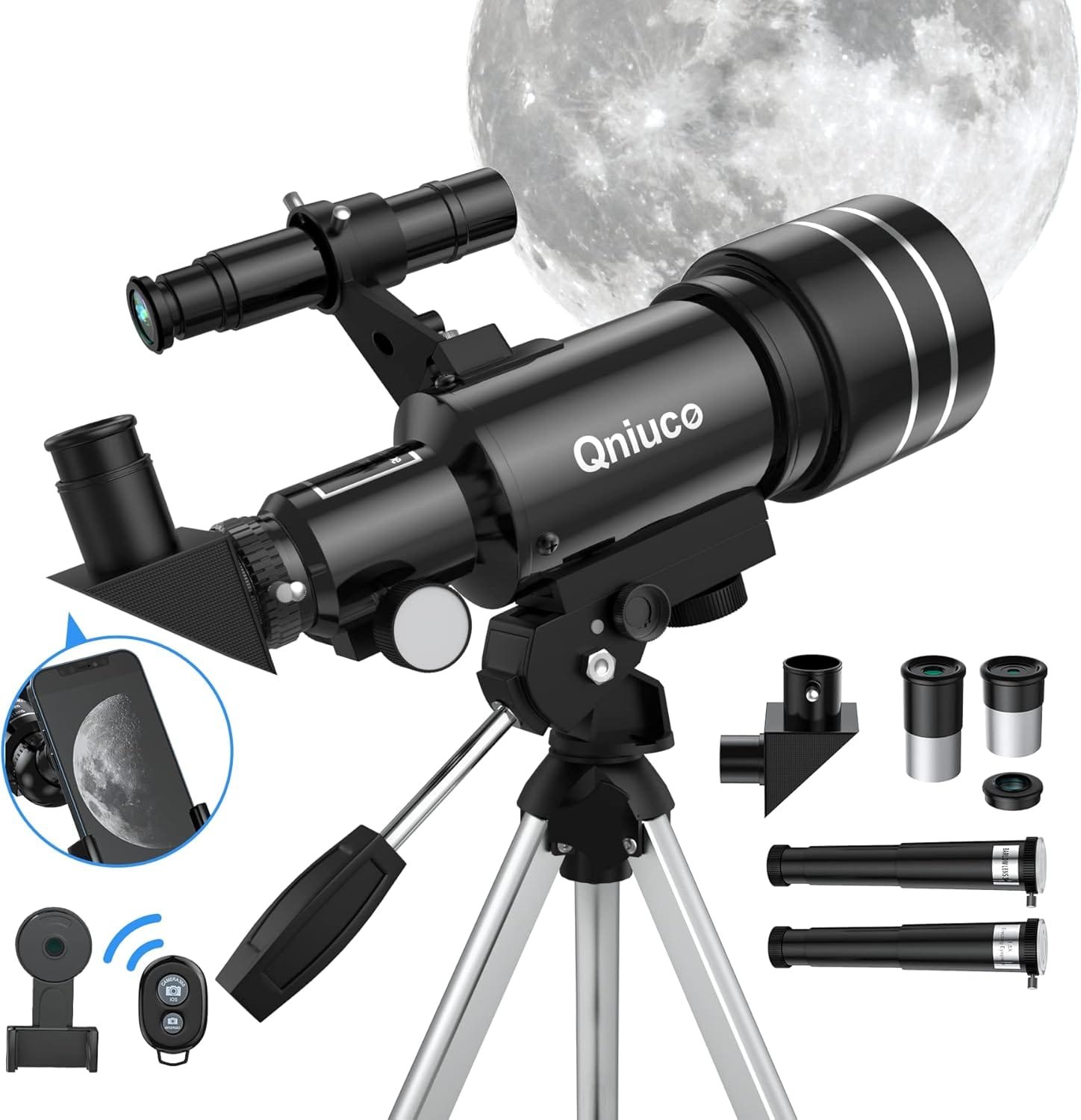 A black telescope on a tripod with various lenses and accessories is shown, with a smartphone capturing a moon image.