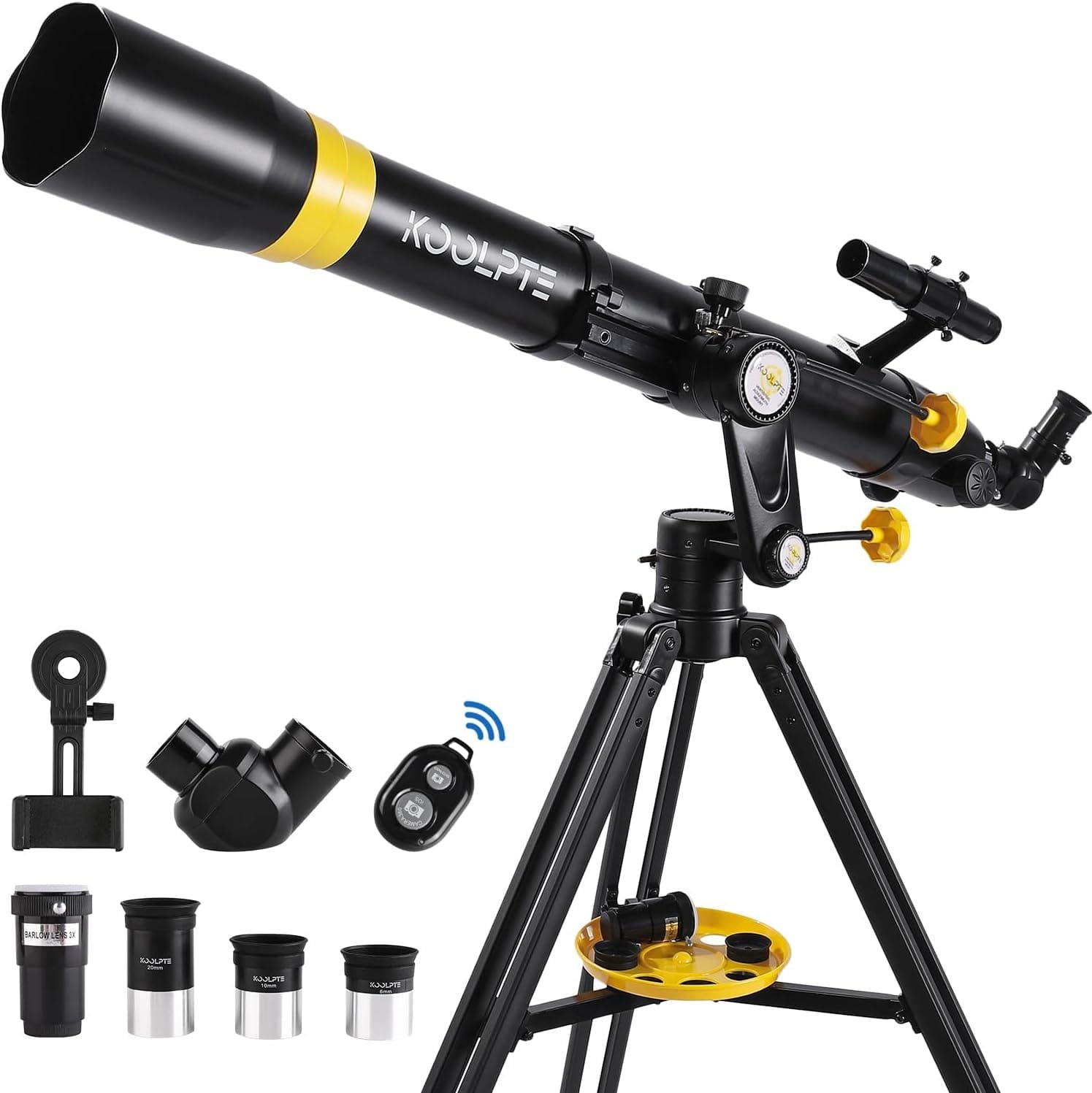 A black and yellow telescope on a tripod is surrounded by eyepieces, a phone mount, a diagonal mirror, and a wireless remote.