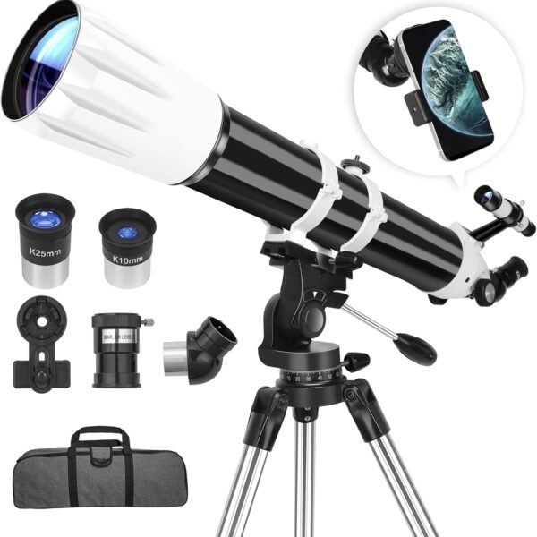 Black and white telescope with lenses, a mount, smartphone adapter, and carrying case displayed on a tripod.