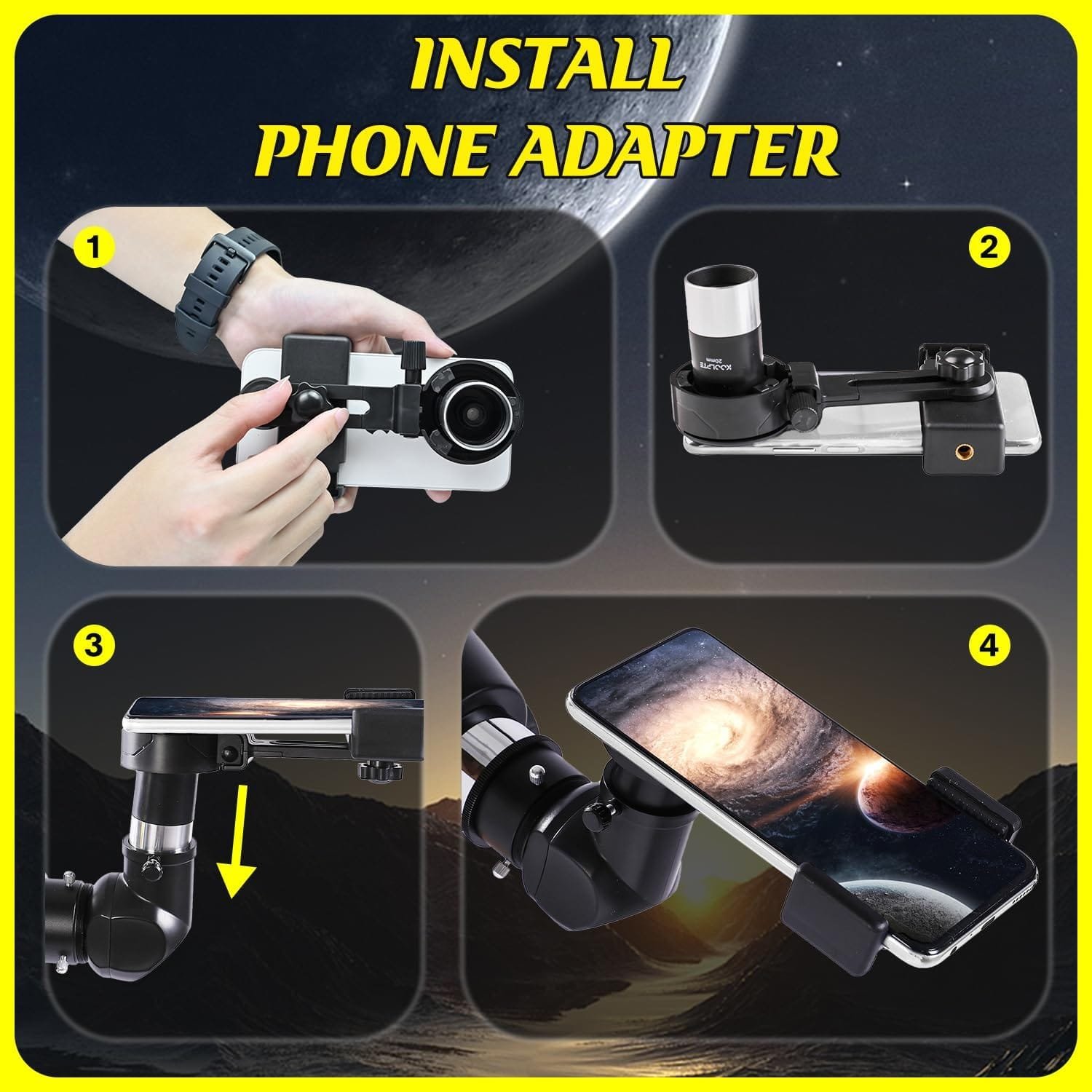 Step-by-step instructions for installing a phone adapter on a telescope, shown in four images with a cosmic background.