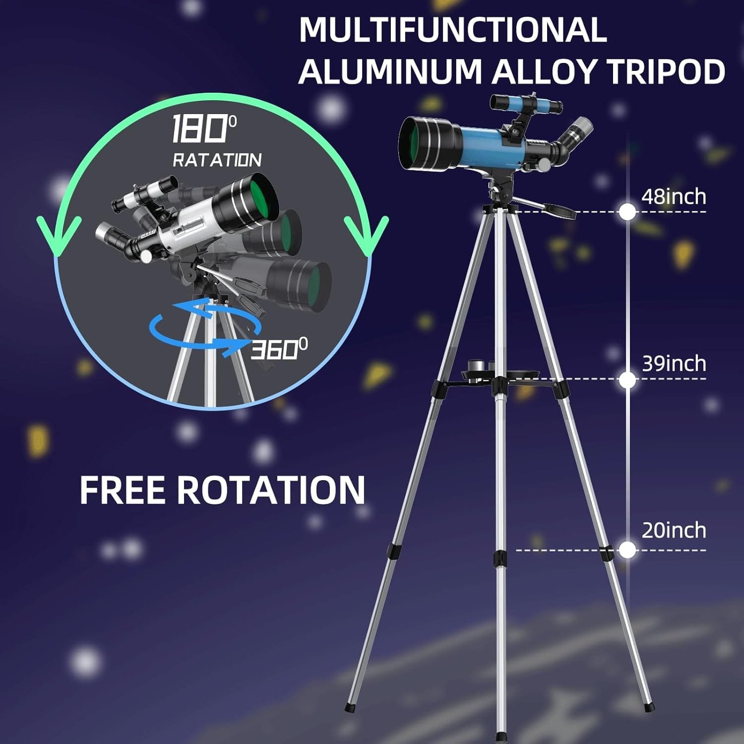 Illustration of a telescope with a multifunctional aluminum alloy tripod, featuring 180-degree vertical and 360-degree horizontal rotation, with height adjustments at 20, 39, and 48 inches.