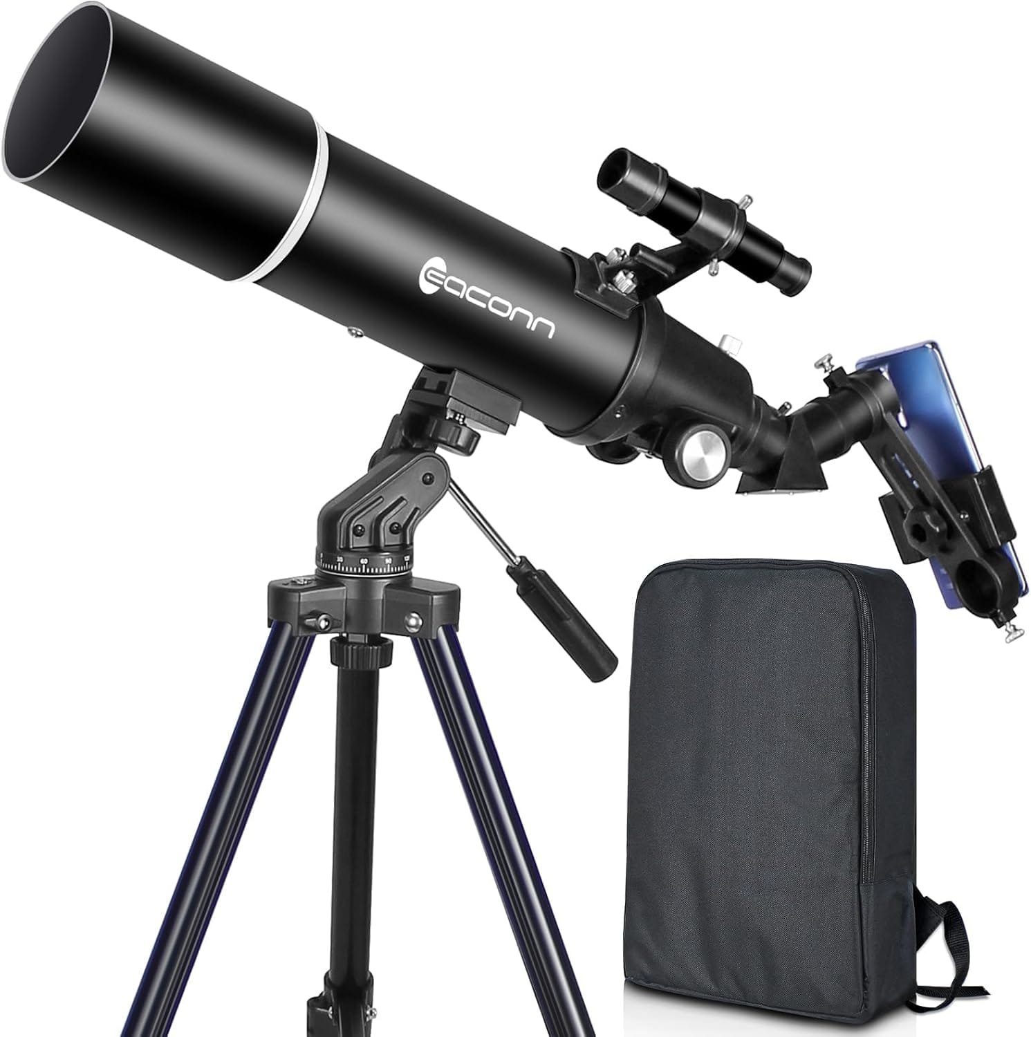 A black telescope on a tripod with a phone mount, accompanied by a black carrying case.