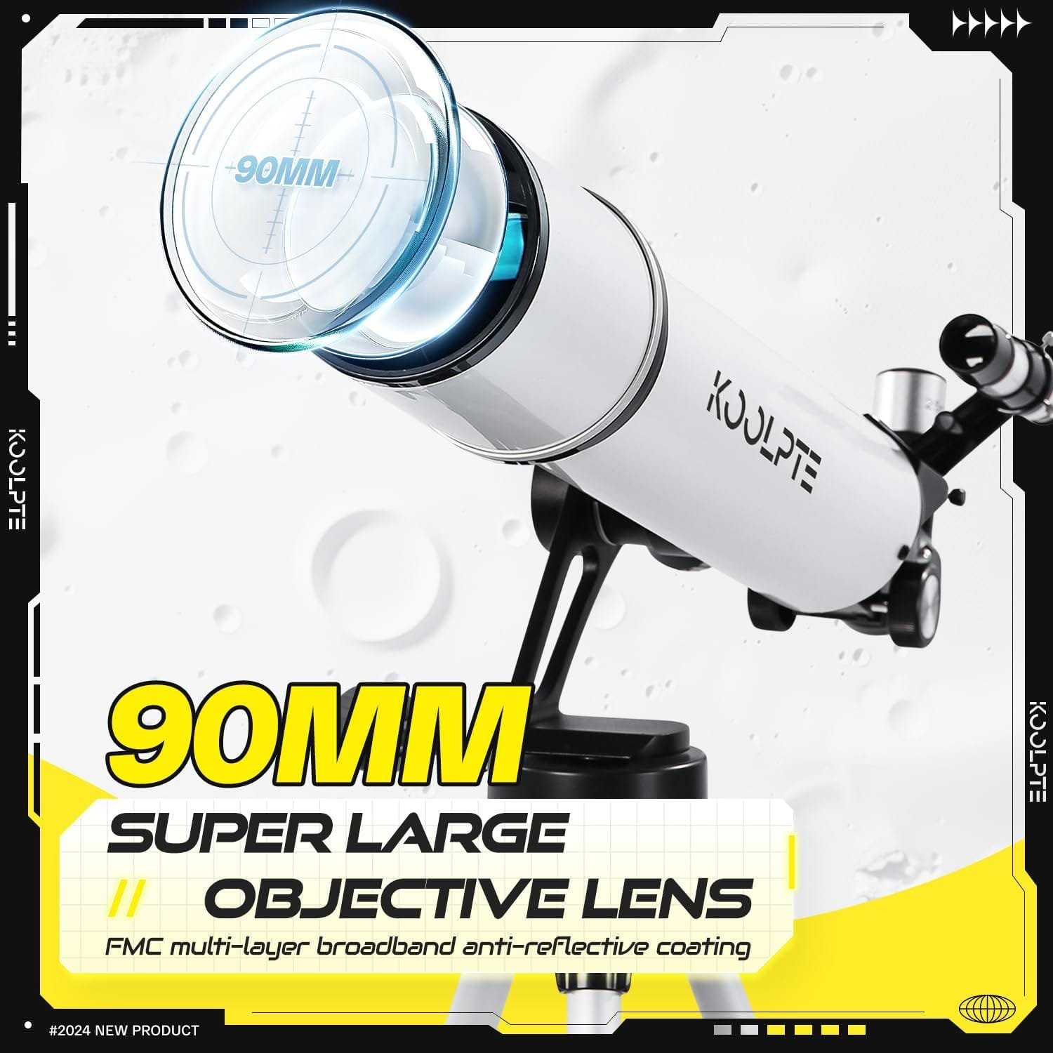 A telescope with the label "90MM Super Large Objective Lens" showing a large lens with anti-reflective coating, positioned on a tripod.