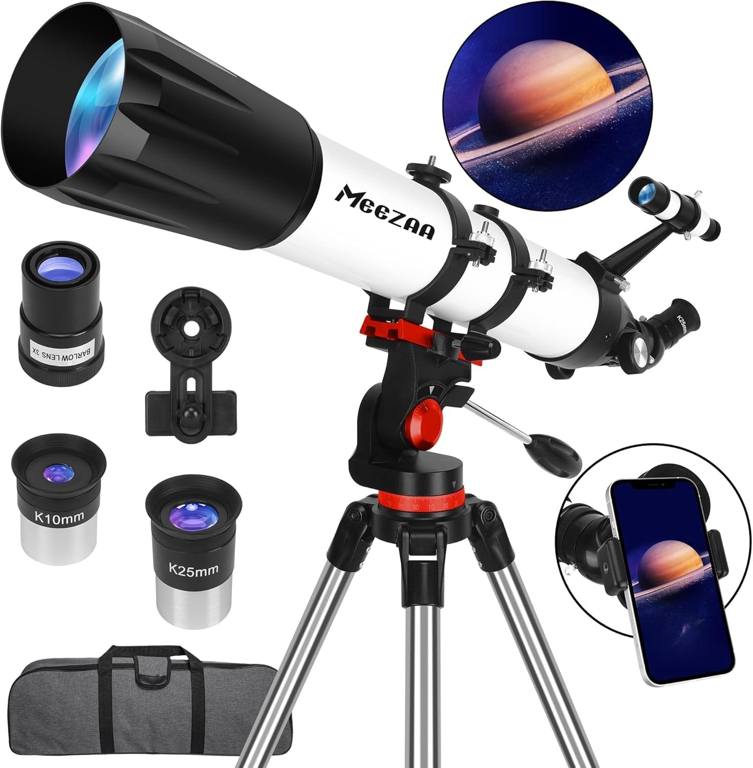 A telescope with accessories, including a tripod, two eyepieces, a smartphone adapter, and a carrying bag. An image of Saturn is shown as captured through the telescope.