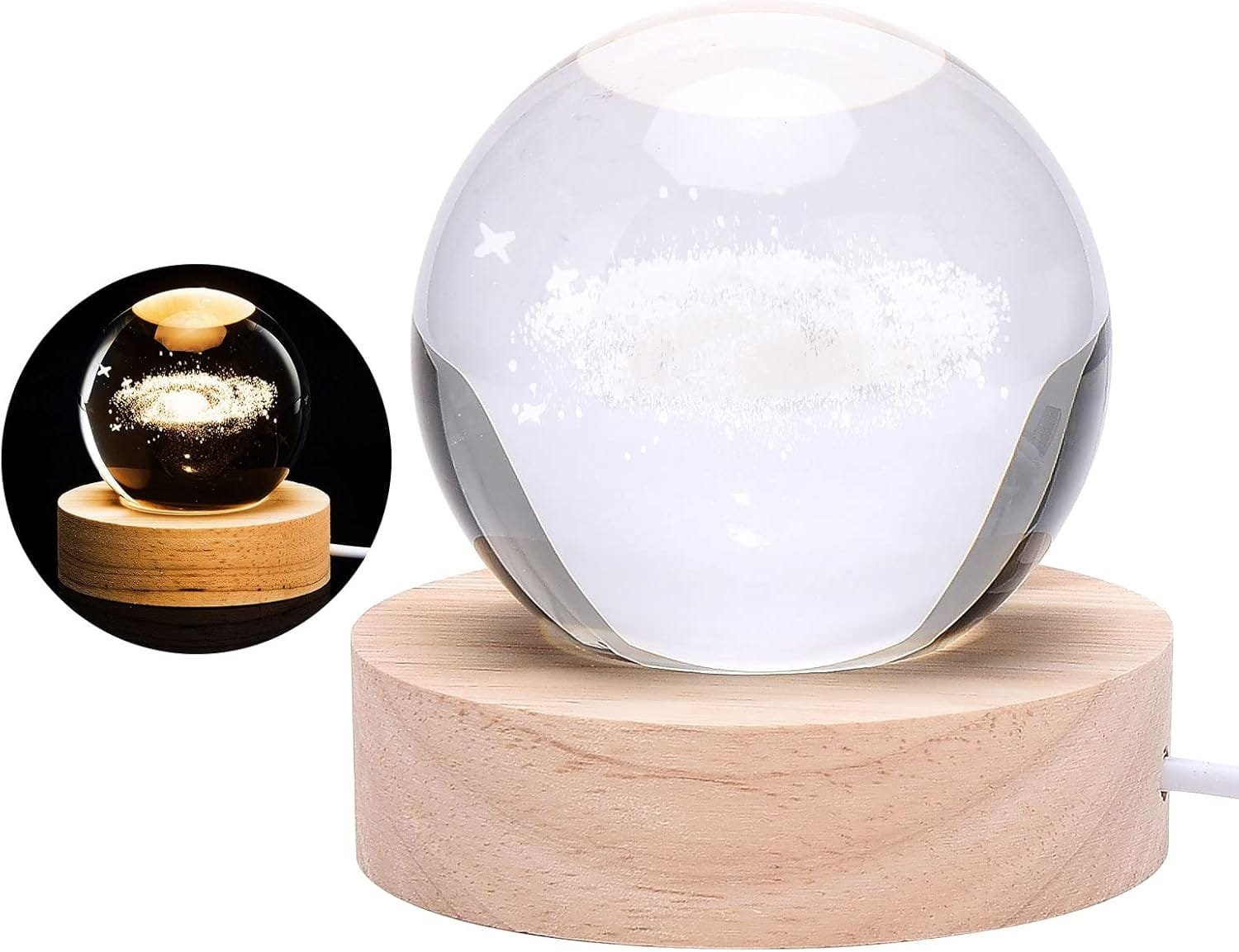 Glass sphere with star pattern on a wooden base, shown with and without internal lighting.