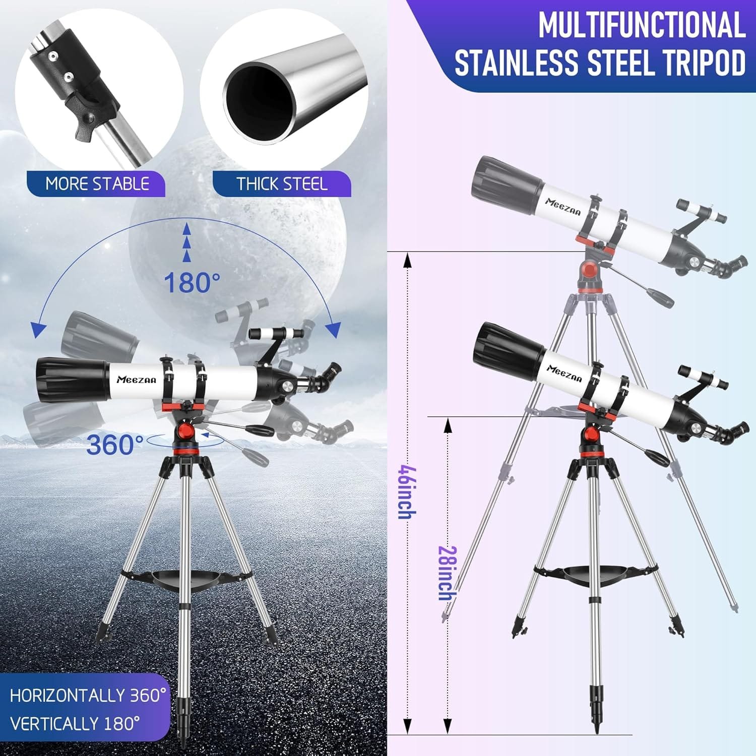 Telescope on a stainless steel tripod showing 360° horizontal and 180° vertical rotation capabilities, with diagrams and dimensions labeled.