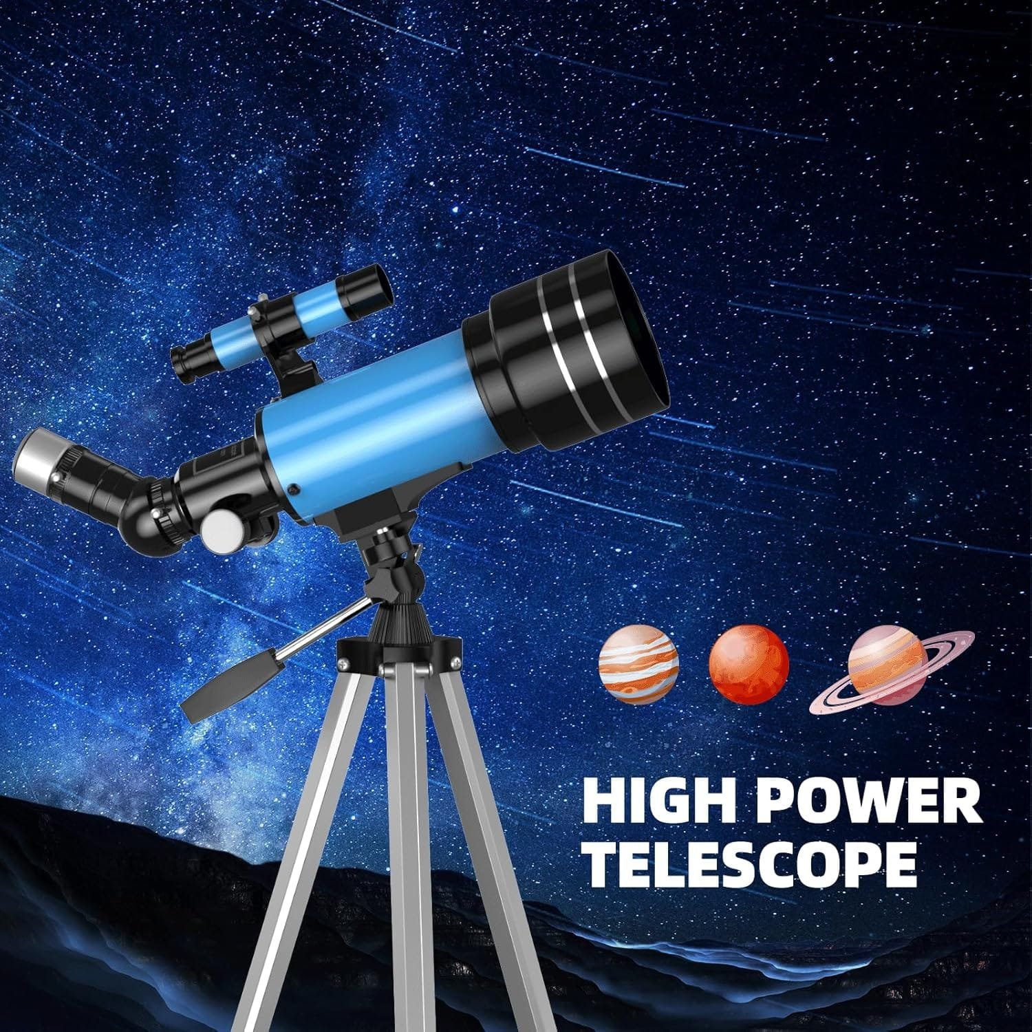 Blue telescope on a tripod against a starry night sky, with images of planets and text reading "High Power Telescope.