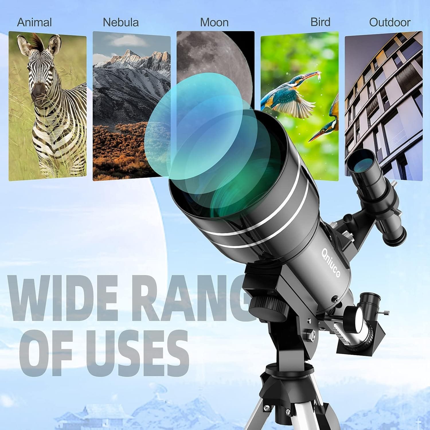 A telescope with a large lens and tripod, labeled "Aniluc," is shown. Background highlights uses: animal, nebula, moon, bird, outdoor, with corresponding images above the telescope.