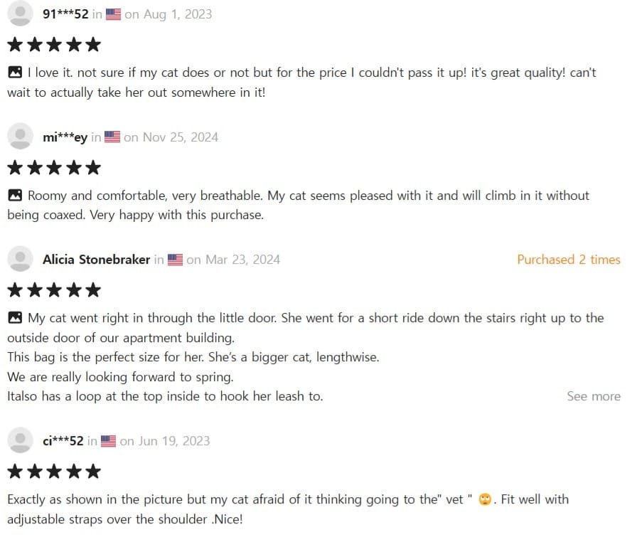 Customer reviews for a pet carrier with ratings and comments about quality, comfort, and size. Some users mention cats' reactions and delivery details, with one indicating a purchase date.