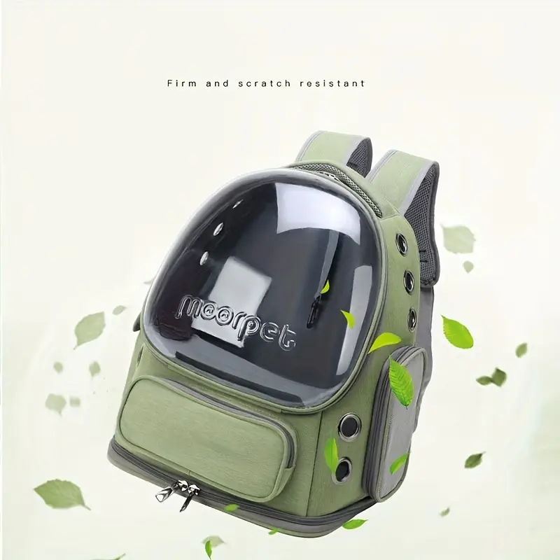 Green pet carrier backpack with a clear bubble window, side mesh pockets, and air ventilation holes.