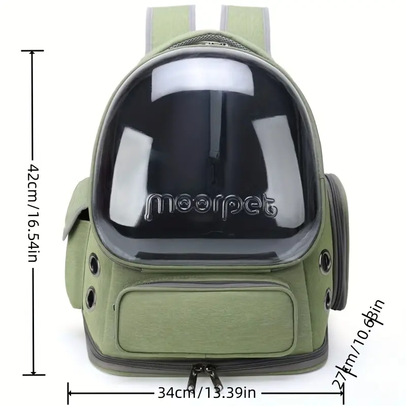 A green pet carrier backpack with a transparent bubble front, side ventilation holes, and pockets. Dimensions labeled: 42cm x 34cm x 27cm.