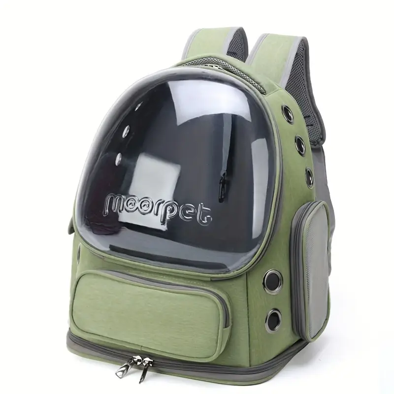 Green pet backpack with a transparent bubble window and air holes, featuring side pockets and a zippered front pocket.