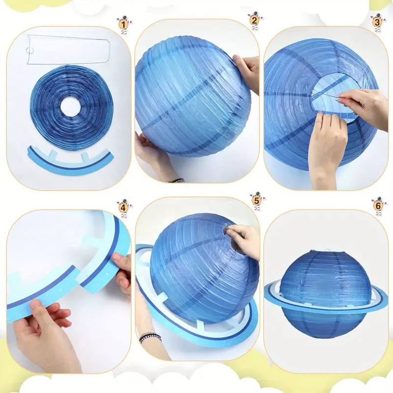 Follow a step-by-step guide to assemble the blue paper lantern from the "8pcs Planet Paper Lanterns" set. Ideal for cosmic décor, images show hands attaching rings, creating a planet-like appearance for space-themed parties.