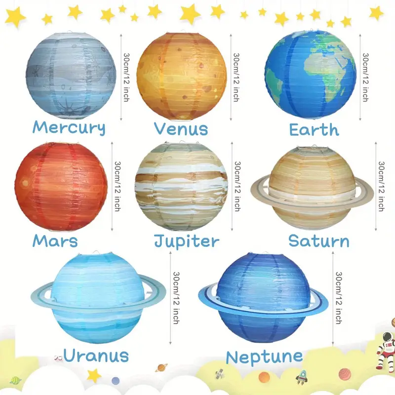 Enhance your space-themed party with 8pcs Planet Paper Lanterns, each representing Mercury, Venus, Earth, Mars, Jupiter, Saturn, Uranus, and Neptune at 30cm/12in. Stars and rocket graphics add a galactic touch for an unforgettable cosmic décor experience.