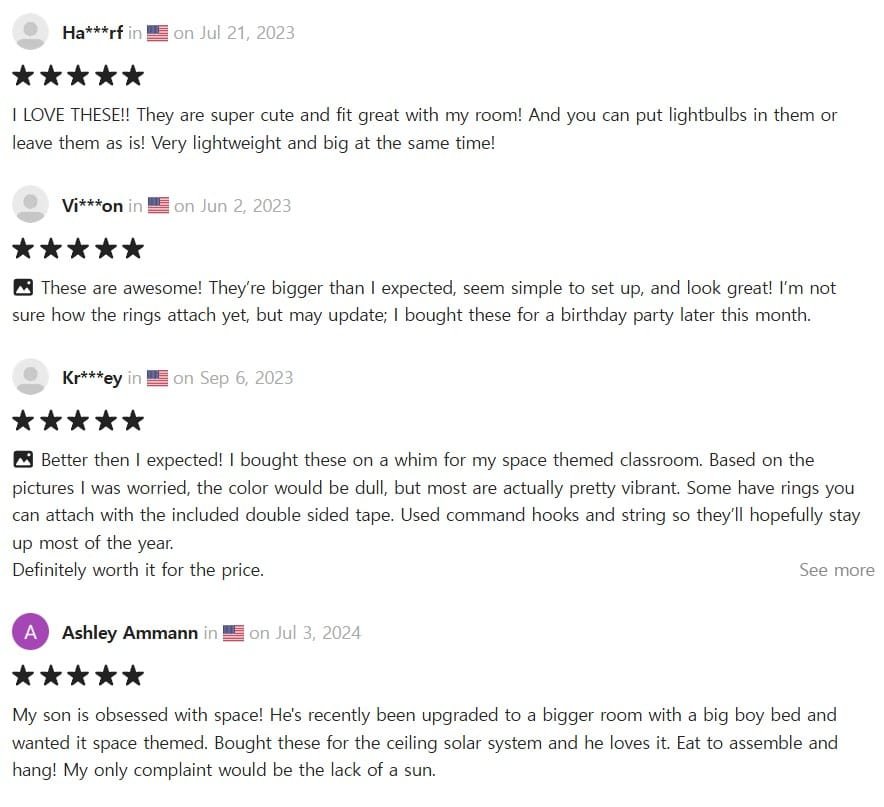 Reviews for the 8pcs Planet Paper Lanterns praise their size and design, enhancing cosmic décor. Perfect for space-themed rooms and parties, these lanterns receive high ratings for their transformative impact on overall ambiance.