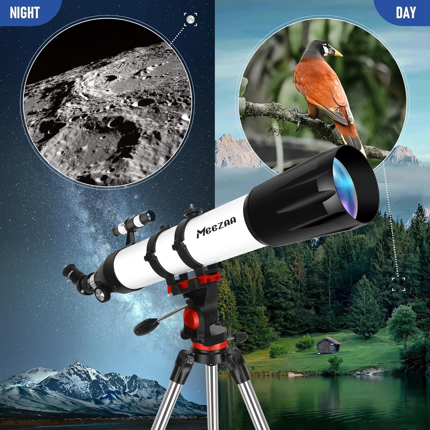 Telescope on tripod with images of the moon and a bird through its lens, illustrating nighttime and daytime use.