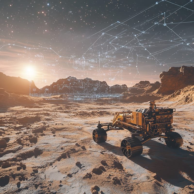 A rover navigates a rocky, Martian-like landscape under a starry sky. AI-driven holographic digital overlays display futuristic data and constellations, guiding its exploratory mission.