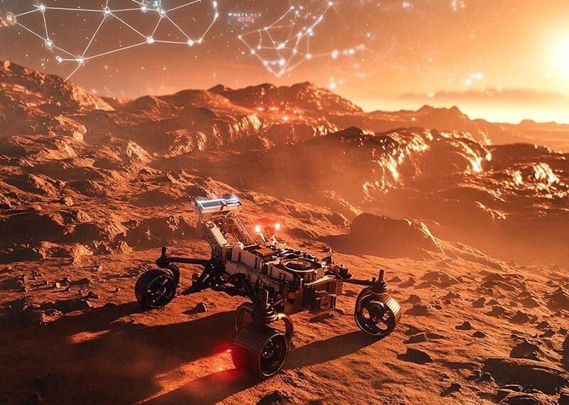 A rover, guided by AI, explores a rocky, reddish terrain under a starry sky with constellations visible. The sun casts a warm glow over the landscape.