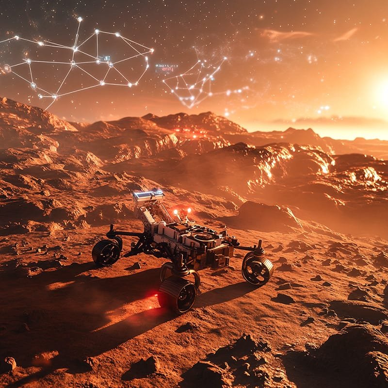 A rover, guided by AI, explores a rocky, reddish terrain under a starry sky with constellations visible. The sun casts a warm glow over the landscape.