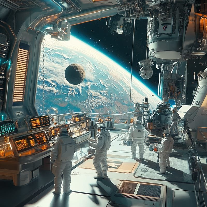 Is Space Exploration Worth the Cost? 1 Astronauts in a high-tech space station immerse themselves in the wonders of space exploration, observing Earth and the Moon through large windows, surrounded by advanced equipment and control panels.
