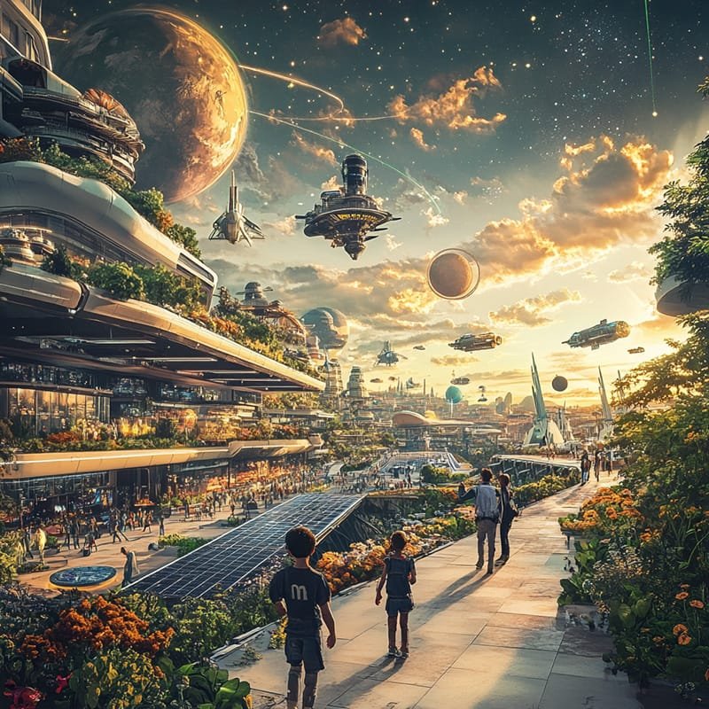 Is Space Exploration Worth the Cost? 8 A futuristic cityscape with flying vehicles, lush greenery, and people walking. Planets and stars fill the sky, creating a vibrant, otherworldly atmosphere that epitomizes the spirit of space exploration.