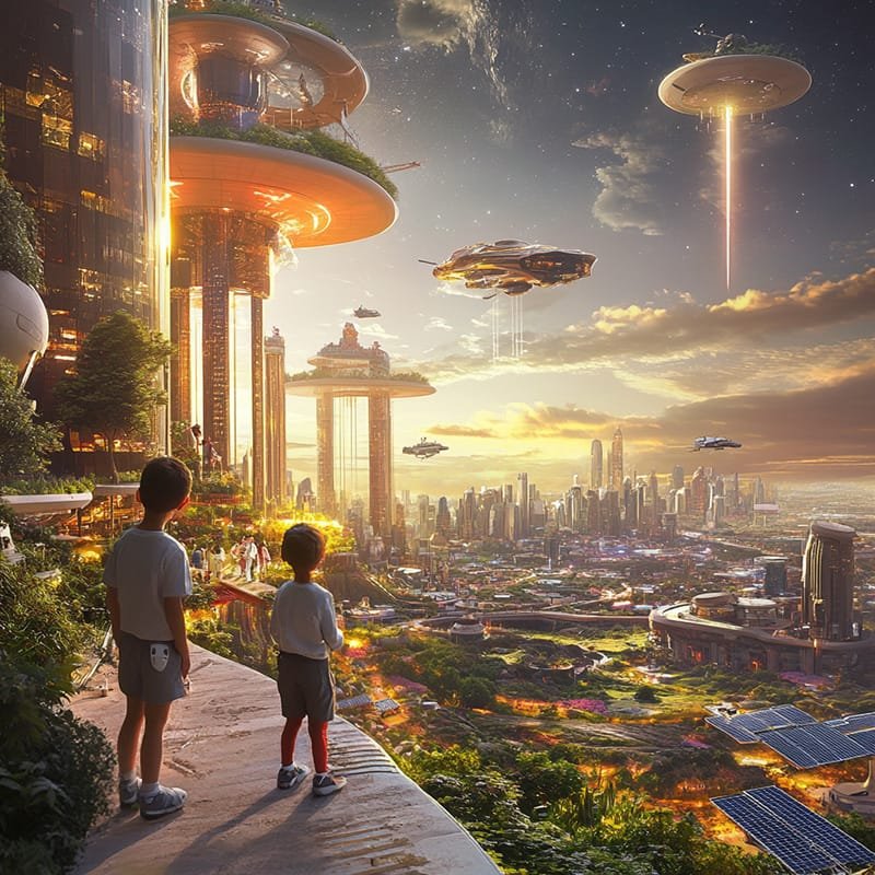 Is Space Exploration Worth the Cost? 2 Two children marvel at a futuristic cityscape with flying vehicles, greenery, and hovering platforms under a starry sky, dreaming of space exploration.
