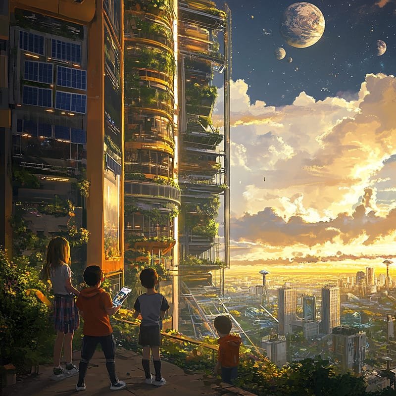 Is Space Exploration Worth the Cost? 4 Children stand before futuristic buildings with greenery, gazing at a cityscape under a sky dotted with multiple moons or planets, dreaming of space exploration.