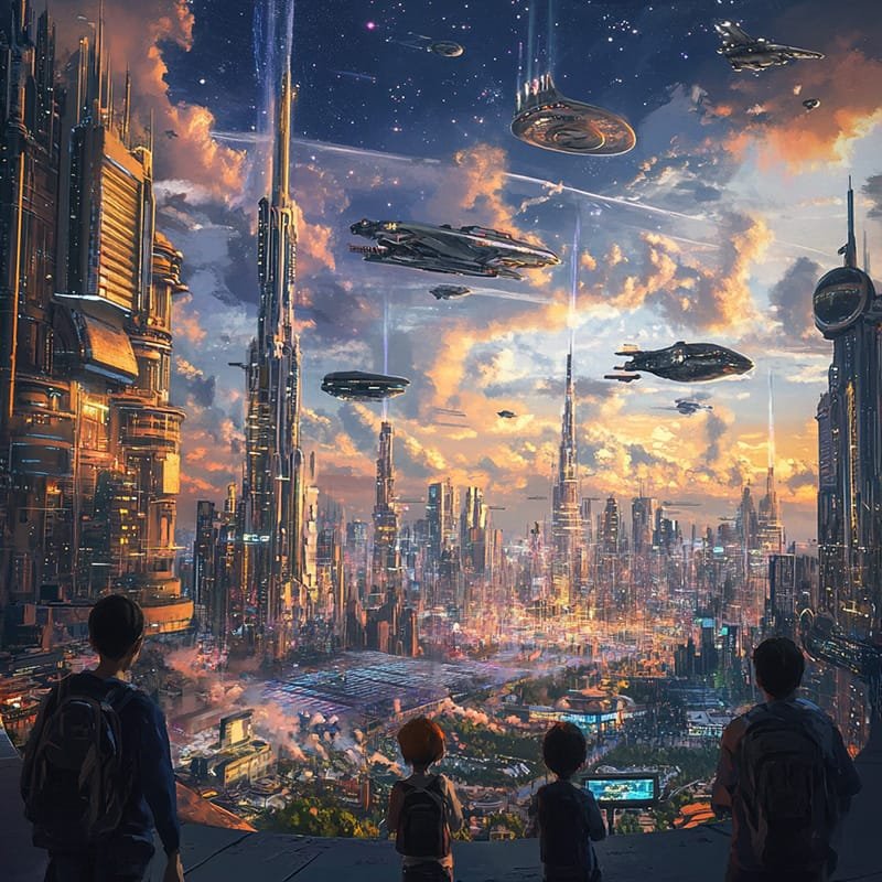 Is Space Exploration Worth the Cost? 3 Four space exploration enthusiasts with backpacks overlook a futuristic cityscape, where towering skyscrapers and flying vehicles glide elegantly under the vibrant sky.