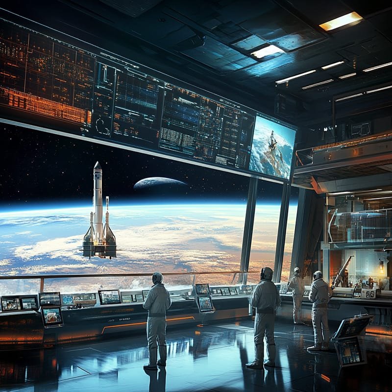 Is Space Exploration Worth the Cost? 5 In the control room, astronauts eagerly monitor the rocket's launch, marking another leap in space exploration. Through the large windows, both Earth and the Moon stand as timeless witnesses to this cosmic journey.