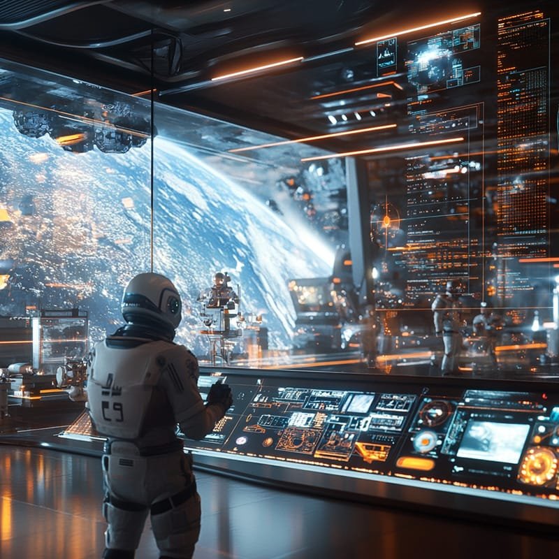 A person in a space suit observes a digital interface in a futuristic space station, embodying the spirit of space exploration with Earth visible outside. Various holographic displays and controls illuminate the station, guiding this cosmic voyager on their mission.