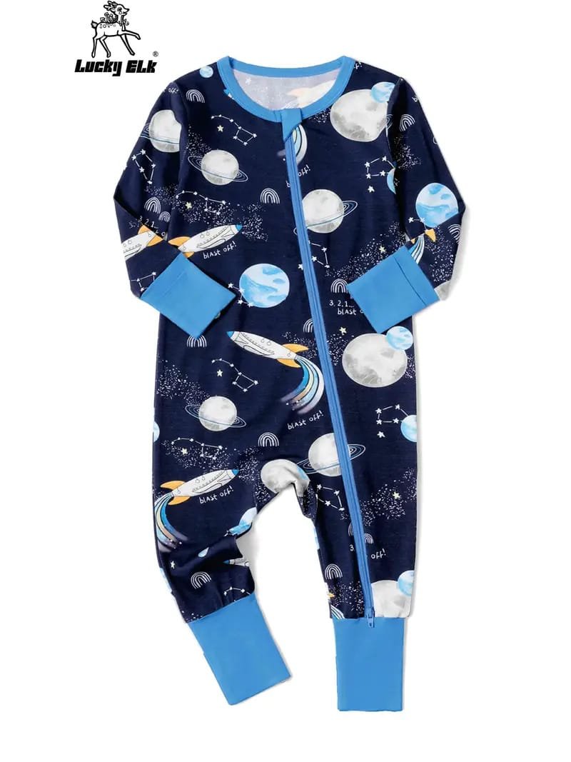 A navy blue children's onesie with space-themed prints, featuring planets, rockets, and stars. It has blue cuffs and a front zipper closure.