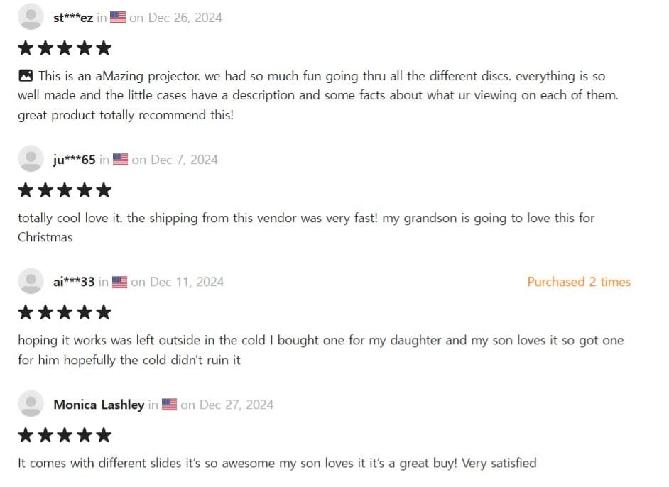 Screenshot of a product review section with four reviews, showing usernames, star ratings, purchase dates, and text, including mentions of fast shipping and satisfaction with a projector.