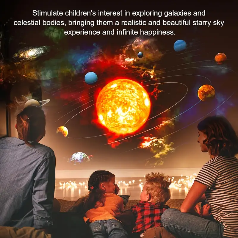 A family watches a vivid projection of planets and a sun on a wall, creating a starry sky experience.