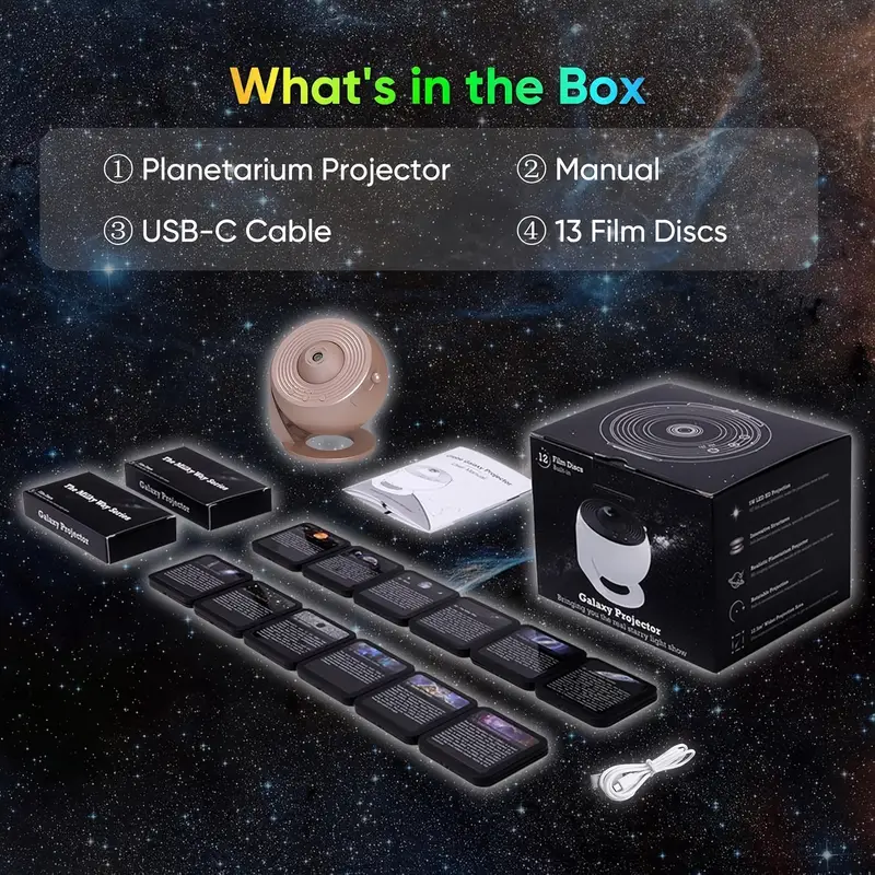 Image shows the contents of a galaxy projector box: a planetarium projector, manual, USB-C cable, and 13 film discs, set against a starry background.