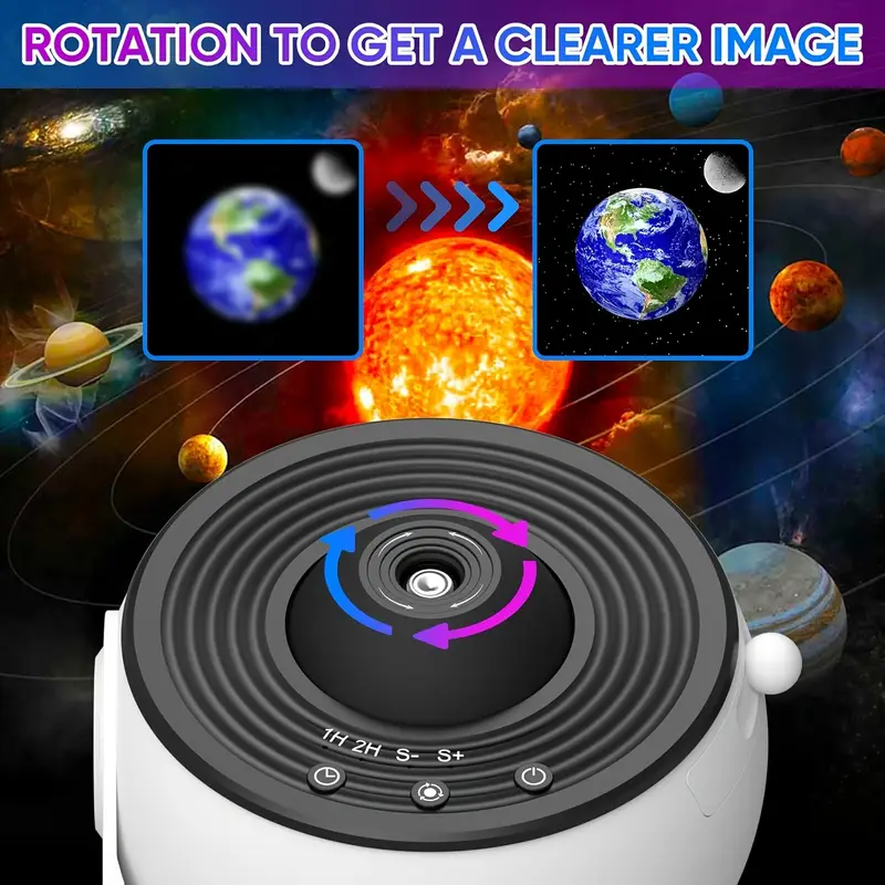 A device with a rotating dial for clearer images is depicted against a solar system background, showing two Earth images labeled as "before" and "after.