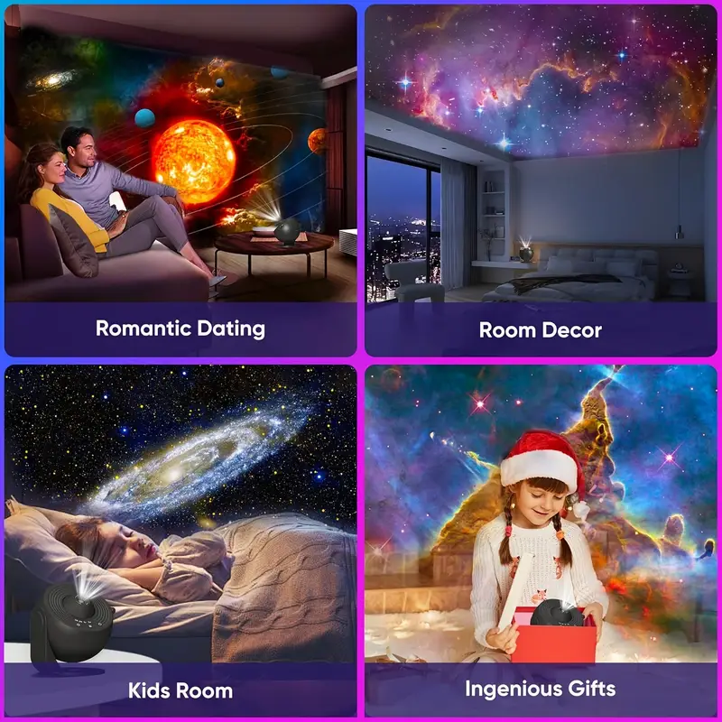 Four images showing different uses for a space-themed projector: romantic dating, room decor, kids room, and ingenious gifts.
