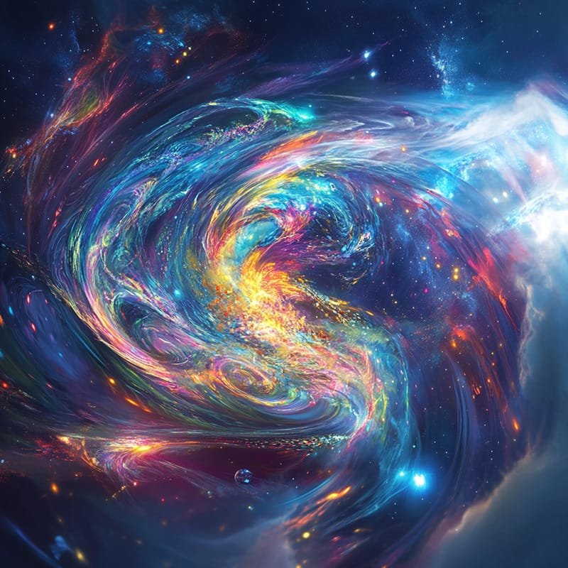 A luminous, swirling cosmic scene with vibrant blues, purples, and yellows resembling a spiral galaxy or nebula against the dark backdrop of deep space.