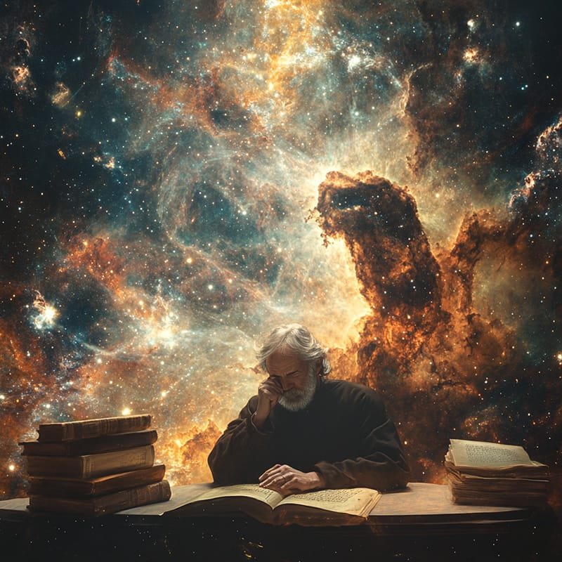 What is the cosmological argument? 5 An elderly man reads a large book on cosmological arguments at a wooden table piled with more books, set against a backdrop of a vibrant, swirling galaxy.