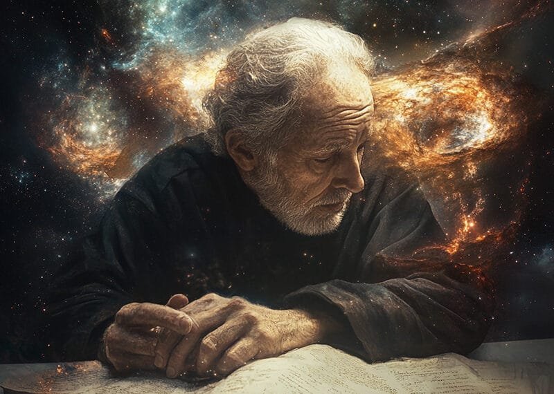 An elderly man with a thoughtful expression sits at a table with an open book, contemplating the mysteries of the universe, surrounded by a cosmic background of swirling galaxies and stars—a scene evocative of the cosmological argument.