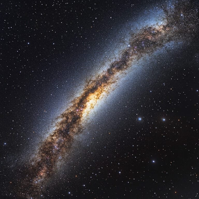 Bright, dense band of the Milky Way galaxy stretches across a star-filled night sky, showcasing a luminous central bulge and dark interstellar dust lanes.