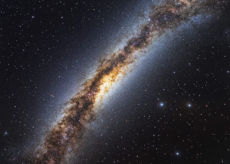 Bright, dense band of the Milky Way galaxy stretches across a star-filled night sky, showcasing a luminous central bulge and dark interstellar dust lanes.