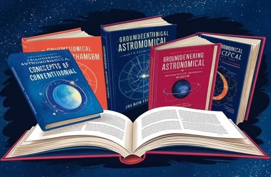 A collection of open and closed books, adorned with astronomy-themed covers, shines against a starry background, challenging conventional wisdom with its celestial allure.