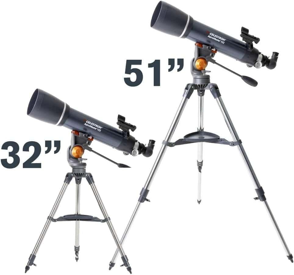 Two telescopes with tripods are shown, one measuring 32 inches and the other 51 inches.